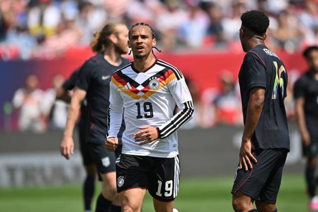 CHICAGO, IL - JUNE 06: Germany right wing Leroy SanÃ (19) looks on after scoring a goal during a friendly match between the United States and Germany on June 6, 2026, at Soldier Field in Chicago, IL. (Photo by Patrick Gorski Icon Sportswire) SOCCER: JUN 06 USA vs Germany EDITORIAL USE ONLY Icon260606025