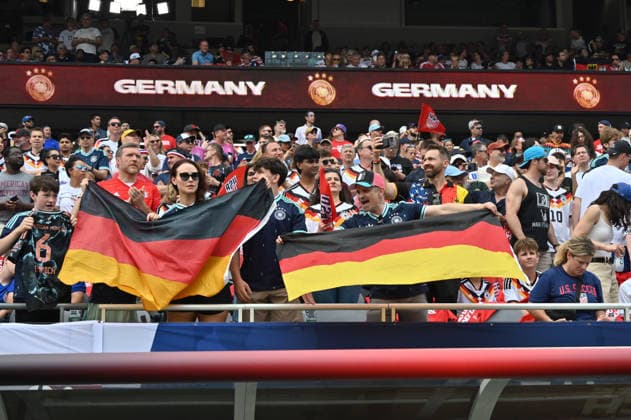 CHICAGO, IL - JUNE 06: Germany fans are seen with flags prior to a friendly match between the United States and Germany on June 6, 2026, at Soldier Field in Chicago, IL. (Photo by Patrick Gorski Icon Sportswire) SOCCER: JUN 06 USA vs Germany EDITORIAL USE ONLY Icon260606048