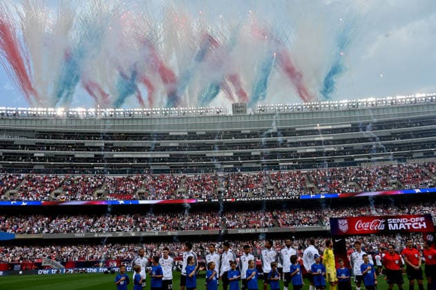 CHICAGO, IL - JUNE 06: Fireworks go off prior to a friendly match between the United States and Germany on June 6, 2026, at Soldier Field in Chicago, IL. (Photo by Patrick Gorski Icon Sportswire) SOCCER: JUN 06 USA vs Germany EDITORIAL USE ONLY Icon260606050