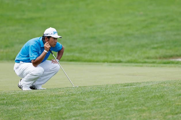 DUBLIN, OH - JUNE 06: Hideki Matsuyama of Japan lines up a putt at the fourteenth hole during the third round of the Memorial Tournament presented by Workday 2026 on June 06, 2026 at Muirfield Village Golf Club in Dublin, Ohio. (Photo by Joe Robbins Icon Sportswire) GOLF: JUN 06 PGA, Golf Herren the Memorial Tournament presented by Workday EDITORIAL USE ONLY Icon5732606060273