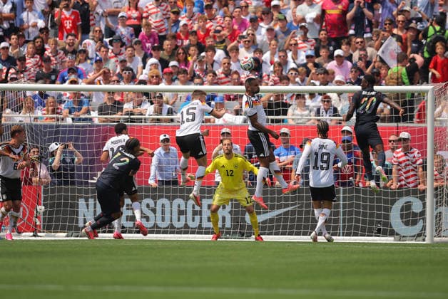 CHICAGO, IL - JUNE 06: Jonathan Tah 4 of Germany heads the ball during a friendly match between the United States on June 6, 2026 at Soldier Field in Chicago, Illinois. (Photo by Melissa Tamez Icon Sportswire) SOCCER: JUN 06 USA vs Germany EDITORIAL USE ONLY Icon260606045