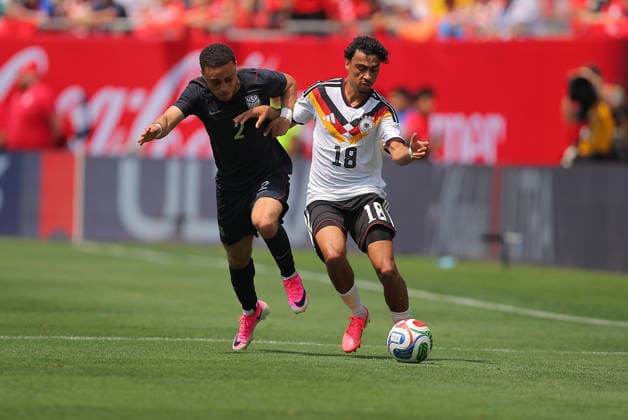 CHICAGO, IL - JUNE 06: Nathaniel Brown 18 of Germany controls the ball against Sergino Dest 2 of the United States during a friendly match between Germany and the United States on June 6, 2026 at Soldier Field in Chicago, Illinois. (Photo by Melissa Tamez Icon Sportswire) SOCCER: JUN 06 USA vs Germany EDITORIAL USE ONLY Icon260606053
