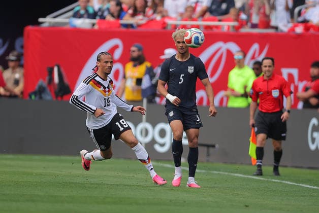 CHICAGO, IL - JUNE 06: Leroy Sane 19 of Germany and Antonee Robinson 5 of the United States during a friendly match between Germany and the United States on June 6, 2026 at Soldier Field in Chicago, Illinois. (Photo by Melissa Tamez Icon Sportswire) SOCCER: JUN 06 USA vs Germany EDITORIAL USE ONLY Icon260606060