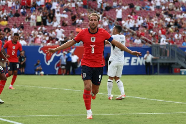 TAMPA, FL - JUNE 06: England forward Harry Kane (9) celebrates after his goal in the first half during the friendly soccer match between England and New Zealand on Saturday, June 6, 2026 at Raymond James Stadium in Tampa, FL (Photo by Peter Joneleit Icon Sportswire) SOCCER: JUN 06 England vs New Zealand EDITORIAL USE ONLY Icon260606010