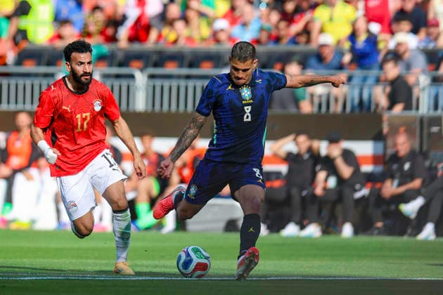 June 6, 2026: Brazil midfielder Bruno GuimaroÂ£es (8) kicks the ball for a score during the first half of the International Friendly, Länderspiel, Nationalmannschaft soccer match between Egypt and Brazil at Huntington Bank Field in Cleveland, Ohio. CSM SOCCER 2026: Egypt Vs Brazil JUN 6  - ZUMAc04_ 20260606_zma_c04_045 Copyright: xBrianxFisherx