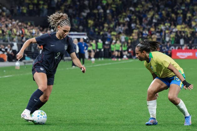 SAO PAULO, BRAZIL - JUNE 06: Trinity Rodman of USA controls the ball during the International Friendly, Länderspiel, Nationalmannschaft match between Brazil and United States at Neo Quimica Arena on June 06, 2026 in Sao Paulo, Brazil. (Photo by Marco Buenavista Sports Press Photography)  Copyright: xMarcoxBuenavista SportsxPressxPhotox Sportspressphoto_SPR162293