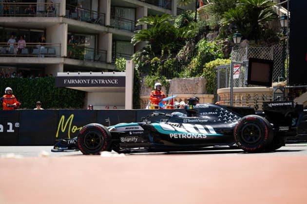 Formula 1 Monaco Grand Prix - Third Practice Session Mercedes driver George Russell (63) during the third practice session at the Monaco street circuit in Monaco, ahead of the Monaco Formula 1 Grand Prix, on June 6, 2026. Photo by Alexis Jumeau ABACAPRESS.COM Monte-Carlo Monaco  Copyright: xJumeauxAlexis ABACAx