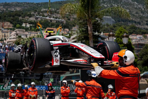 Formula 1 Monaco Grand Prix - Third Practice Session A photograph taken on June 6, 2026 shows the crashed car of Haas F1 Team driver Oliver Bearman (87) during the third practice session at the Monaco street circuit in Monaco, ahead of the Monaco Formula 1 Grand Prix, on June 6, 2026. Photo by Alexis Jumeau ABACAPRESS.COM Monte-Carlo Monaco  Copyright: xJumeauxAlexis ABACAx