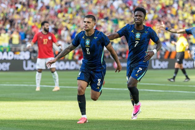 Brazil s Bruno Guimaraes celebrates his goal during the International Friendly, Länderspiel, Nationalmannschaft match between Brazil and Egypt a World Cup Brazil s Bruno Guimaraes celebrates his goal during the international friendly match between Brazil and Egypt a World Cup warm-up at Huntington Bank Field in Cleveland, USA, this Saturday, the 6th. Cleveland OH United States Copyright: xWilliamxVolcovx