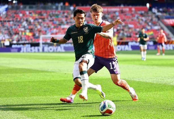 Guilmar Centella of Bolivia and Ben Gannon-Doak of Scotland Bolivia v Scotland, International Friendly, Länderspiel, Nationalmannschaft Football, Sports Illustrated Stadium, New Jersey, USA - 06 Jun 2026New Jersey Sports Illustrated Stadium United States of America EDITORIAL USE ONLY No use with unauthorised audio, video, data, fixture lists, club league logos or live services. Online in-match use limited to 120 images, no video emulation. No use in betting, games or single club league player publications. Copyright: xMichaelxZemanek Shutterstockx 16912856dg
