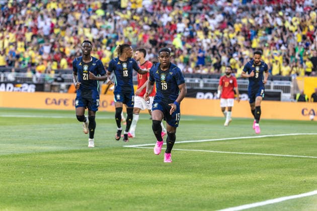 Brazil s Endrick celebrates his goal during an International Friendly, Länderspiel, Nationalmannschaft match preparing for the World Cup between Brazil and Egypt Brazil s Endrick celebrates his goal during an international friendly match preparing for the World Cup between Brazil and Egypt at Huntington Bank Field in Cleveland, United States, this Saturday, the 6th. Cleveland OH United States Copyright: xWilliamxVolcovx