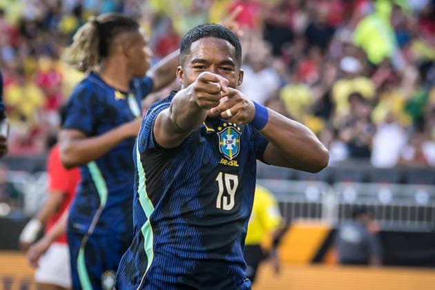 Brazil s Endrick celebrates his goal during an International Friendly, Länderspiel, Nationalmannschaft match preparing for the World Cup between Brazil and Egypt Brazil s Endrick celebrates his goal during an international friendly match preparing for the World Cup between Brazil and Egypt at Huntington Bank Field in Cleveland, United States, this Saturday, the 6th. Cleveland OH United States Copyright: xWilliamxVolcovx