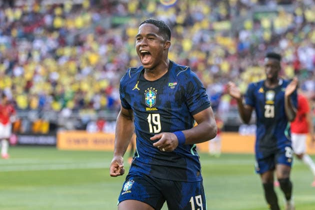 Brazil s Endrick celebrates his goal during an International Friendly, Länderspiel, Nationalmannschaft match preparing for the World Cup between Brazil and Egypt Brazil s Endrick celebrates his goal during an international friendly match preparing for the World Cup between Brazil and Egypt at Huntington Bank Field in Cleveland, United States, this Saturday, the 6th. Cleveland OH United States Copyright: xWilliamxVolcovx