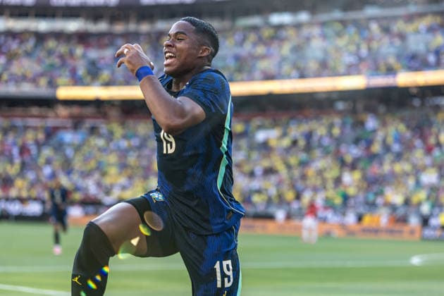 Brazil s Endrick celebrates his goal during an International Friendly, Länderspiel, Nationalmannschaft match preparing for the World Cup between Brazil and Egypt Brazil s Endrick celebrates his goal during an international friendly match preparing for the World Cup between Brazil and Egypt at Huntington Bank Field in Cleveland, United States, this Saturday, the 6th. Cleveland OH United States Copyright: xWilliamxVolcovx