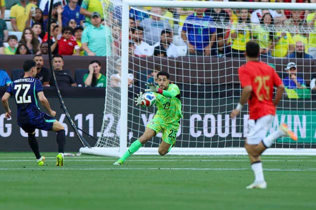June 6, 2026: Egypt goalkeeper Mostafa Shobeir (23) makes a save during the second half of the International Friendly, Länderspiel, Nationalmannschaft soccer match between Egypt and Brazil at Huntington Bank Field in Cleveland, Ohio. CSM Cleveland United States of America - ZUMAc04_ 20260606_zma_c04_064 Copyright: xBrianxFisherx