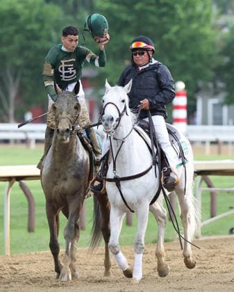 Jose Ortiz, aboard Golden Tempo, salutes the crowd after winning the 2026 Belmont Stakes at Saratoga Race Course in Saratoga Springs, NY on June 6, 2026,  SAR2026060610522 MARKxABRAHAM