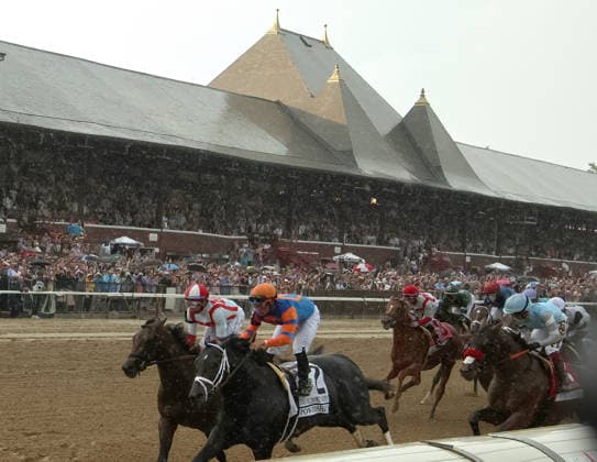 Horses pass the clubhouse after the start of the 2026 Belmont Stakes at Saratoga Race Course in Saratoga Springs, NY on June 6, 2026,  SAR20260606130 MARKxABRAHAM