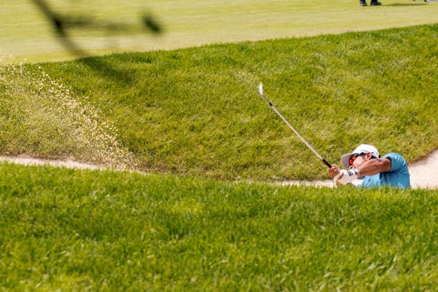 June 6, 2026, Dublin, Ohio, U.S: Hideki Matsuyama hits from a deep fairway bunker on 7 during the third round of The Memorial Tournament at Muirfield Village Golf Club, Dublin, Ohio. PGA, Golf Herren Tour 2026 - The Memorial Tournament - Third Round  - ZUMAs304 20260606_zaf_s304_126 Copyright: xScottxStuartx