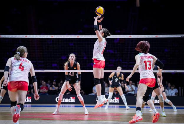 Team Japan Nanami Seki returns a shot against Team Germany during their womens Volleyball Nations League (VNL) match on June 6, 2026 in Quebec City, Canada. Noxthirdxpartyxsales  aflo_333529293 MathieuxBelangerx