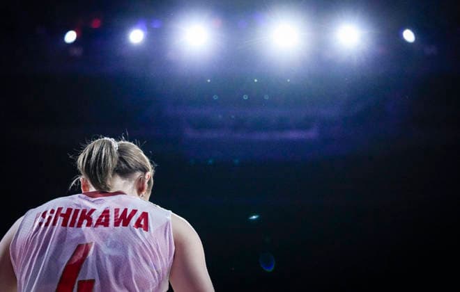Team Japan Mayu Ishikawa wait to serve against Team Germany during their womens Volleyball Nations League (VNL) match on June 6, 2026 in Quebec City, Canada. Noxthirdxpartyxsales  aflo_333529387 MathieuxBelangerx