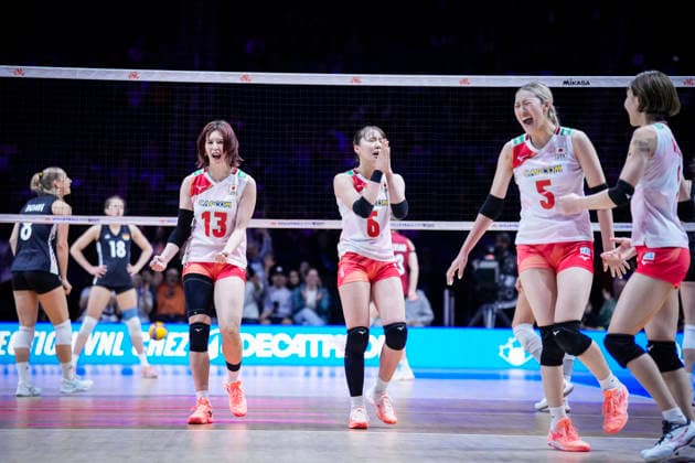 Team Japan celebrates against Team Germany during their womens Volleyball Nations League (VNL) match on June 6, 2026 in Quebec City, Canada. Noxthirdxpartyxsales  aflo_333529468 MathieuxBelangerx