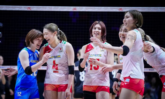 Team Japan celebrates against Team Germany during their womens Volleyball Nations League (VNL) match on June 6, 2026 in Quebec City, Canada. Noxthirdxpartyxsales  aflo_333529469 MathieuxBelangerx
