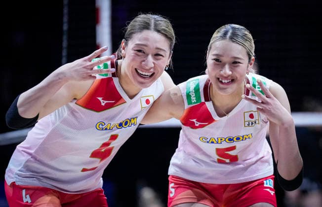 Team Japan celebrates against Team Germany during their womens Volleyball Nations League (VNL) match on June 6, 2026 in Quebec City, Canada. Noxthirdxpartyxsales  aflo_333529471 MathieuxBelangerx