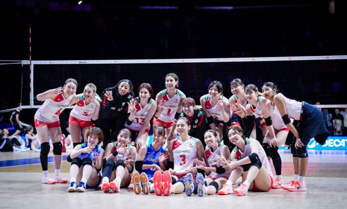 Team Japan celebrates against Team Germany during their womens Volleyball Nations League (VNL) match on June 6, 2026 in Quebec City, Canada. Noxthirdxpartyxsales  aflo_333529473 MathieuxBelangerx