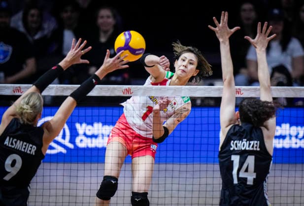 Team Japan Yukiko Wada hits a shot against Team Germany during their womens Volleyball Nations League (VNL) match on June 6, 2026 in Quebec City, Canada. Noxthirdxpartyxsales  aflo_333529551 MathieuxBelangerx