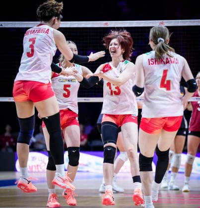 Team Japan celebrates against Team Germany during their womens Volleyball Nations League (VNL) match on June 6, 2026 in Quebec City, Canada. Noxthirdxpartyxsales  aflo_333529597 MathieuxBelangerx