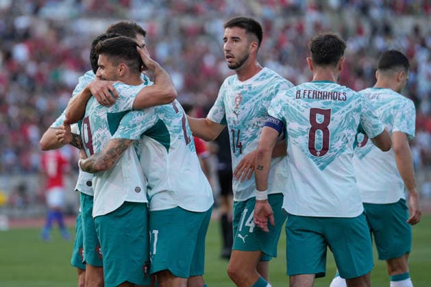 June 6, 2026, Lisbon, Portugal: Goncalo Guedes of Portugal (L), Ruben Neves of Portugal (L), Goncalo Inacio of Portugal (C), Bruno Fernandes of Portugal (R) and Diogo Dalot of Portugal (R) celebrate during the FIFA World Cup, WM, Weltmeisterschaft, Fussball 2026 International Friendly, Länderspiel, Nationalmannschaft match between Portugal and Chile at Estadio Nacional Jamor. Final score: Portugal 2:1 Chile. Lisbon Portugal - ZUMAs197 20260606_aaa_s197_256 Copyright: xBrunoxdexCarvalhox