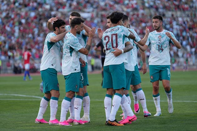 June 6, 2026, Lisbon, Portugal: Goncalo Guedes of Portugal (L), Ruben Dias of Portugal (L), Bruno Fernandes of Portugal (L), Joao Cancelo of Portugal (C), Ruben Neves of Portugal (C) and Goncalo Inacio of Portugal (R) celebrate a goal during the FIFA World Cup, WM, Weltmeisterschaft, Fussball 2026 International Friendly, Länderspiel, Nationalmannschaft match between Portugal and Chile at Estadio Nacional Jamor. Final score: Portugal 2:1 Chile. Portugal Vs Chile In Lisbon, Portugal - 06 Jun 2026  - ZUMAs197 20260606_aaa_s197_250 Copyright: xBrunoxdexCarvalhox