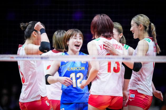 Team Japan celebrates against Team Germany during their womens Volleyball Nations League (VNL) match on June 6, 2026 in Quebec City, Canada. Noxthirdxpartyxsales  aflo_333529725 MathieuxBelangerx