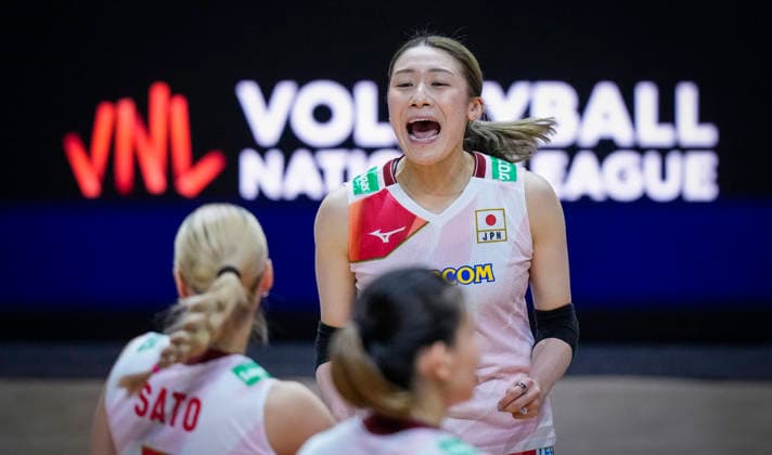 Team Japan celebrates against Team Germany during their womens Volleyball Nations League (VNL) match on June 6, 2026 in Quebec City, Canada. Noxthirdxpartyxsales  aflo_333529771 MathieuxBelangerx