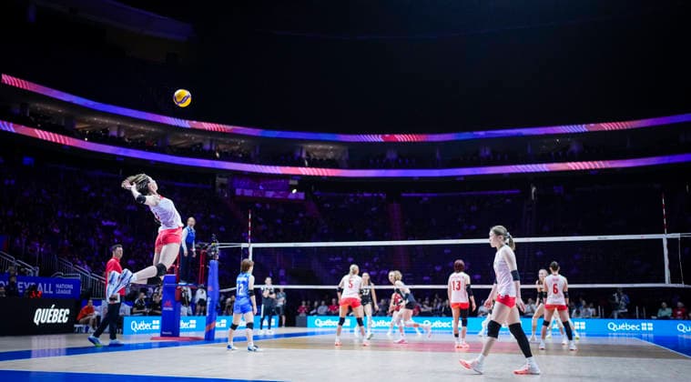 Team Japan Yukiko Wada serves against Team Germany during their womens Volleyball Nations League (VNL) match on June 6, 2026 in Quebec City, Canada. Noxthirdxpartyxsales  aflo_333529785 MathieuxBelangerx