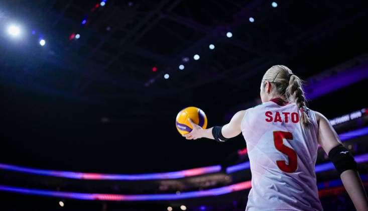 Team Japan Yoshino Sato serves against Team Germany during their womens Volleyball Nations League (VNL) match on June 6, 2026 in Quebec City, Canada. Noxthirdxpartyxsales  aflo_333529803 MathieuxBelangerx