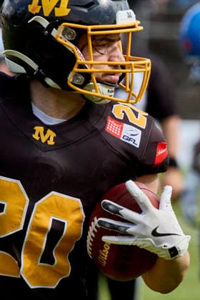 German Football League (GFL), Munich Cowboys vs Allgäu Comets, Munich Cowboys, Allgäu Comets, 2026-06-06 in München (Städtisches Stadion an der Dantestraße (Dantestation)) Touchdown Munich Cowboys MAYER Maximilian (Munich Cowboys Running Back (RB) Nr20-MUC20) sportworld München Städtisches Stadion an der Dant Bayern Deutschland