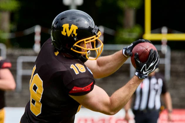 German Football League (GFL), Munich Cowboys vs Allgäu Comets, Munich Cowboys, Allgäu Comets, 2026-06-06 in München (Städtisches Stadion an der Dantestraße (Dantestation)) KILGER Erich (Munich Cowboys Wide Receiver (WR) Nr18-MUC18) sportworld München Städtisches Stadion an der Dant Bayern Deutschland