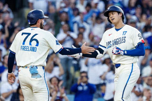 MLB, Baseball Herren, USA - Los Angeles Dodgers vs Anaheim Angels Dodgers designated hitter Shohei Ohtani celebrates with second baseman Alex Freeland after hitting a home run during the first inning of an MLB game between the Los Angeles Dodgers and the Anaheim Angels at Uniqlo Field in Dodger Stadium in Los Angeles, California, USA, 06 June 2026. LOS ANGELES CALIFORNIA UNITED STATES  Copyright: xCHRISxTORRESx