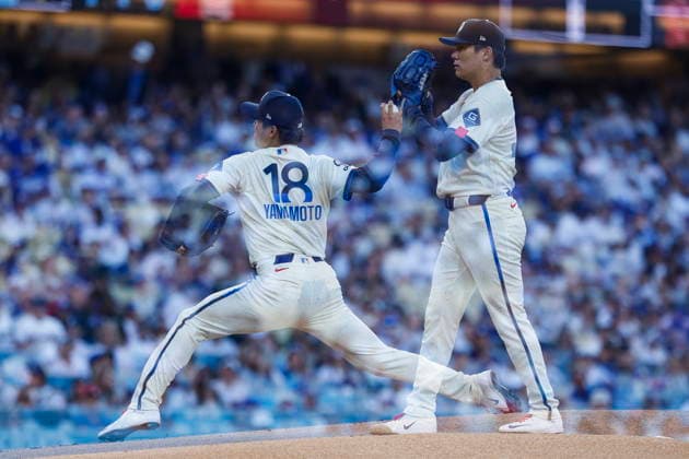 MLB, Baseball Herren, USA - Los Angeles Dodgers vs Anaheim Angels Dodgers pitcher Yoshinobu Yamamoto is photographed in multiple exposure throwing a pitch during the first inning of an MLB game between the Los Angeles Dodgers and the Anaheim Angels at Uniqlo Field in Dodger Stadium in Los Angeles, California, USA, 06 June 2026. LOS ANGELES CALIFORNIA UNITED STATES  Copyright: xCHRISxTORRESx