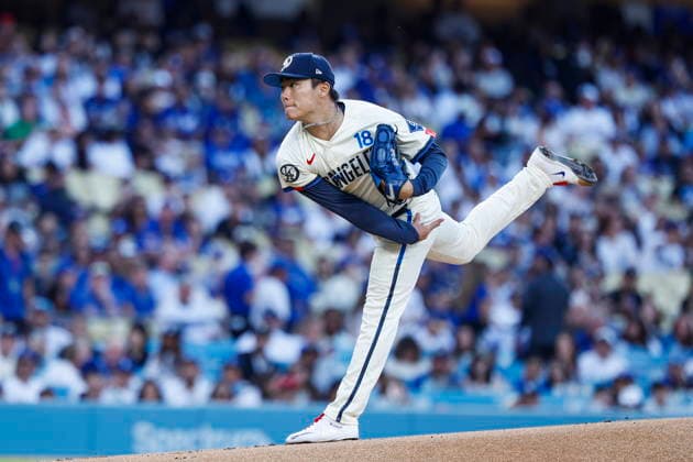 MLB, Baseball Herren, USA - Los Angeles Dodgers vs Anaheim Angels Dodgers pitcher Yoshinobu Yamamoto throws a pitch during the first inning of an MLB game between the Los Angeles Dodgers and the Anaheim Angels at Uniqlo Field in Dodger Stadium in Los Angeles, California, USA, 06 June 2026. LOS ANGELES CALIFORNIA UNITED STATES  Copyright: xCHRISxTORRESx