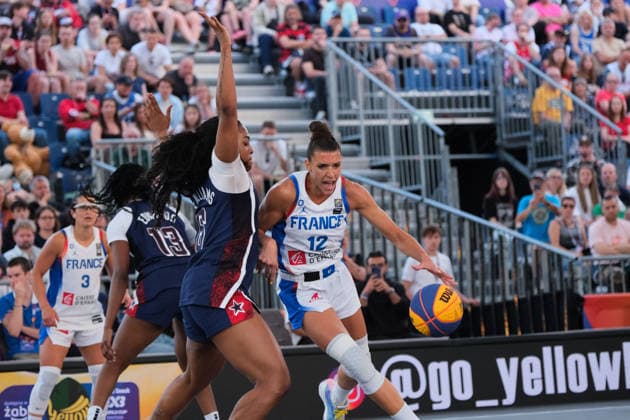 June 6, 2026, Warsaw, Masovian Voivodeship, Poland: France s LAETITIA GUAPO (12), HORTENSE LIMOUZIN (3) and USA s SAHARA WILLIAMS (6), JOYCE EDWARDS (13) in action during a FIBA 3x3 Basketball World Cup women s quarter-final game between France and USA in Warsaw, Poland. Basketball 2026: FIBA 3x3 World Cup Women s Quarterfinal: United States 18:16 France  - ZUMAk204 20260606_zip_k204_087 Copyright: xRomanxKozielx