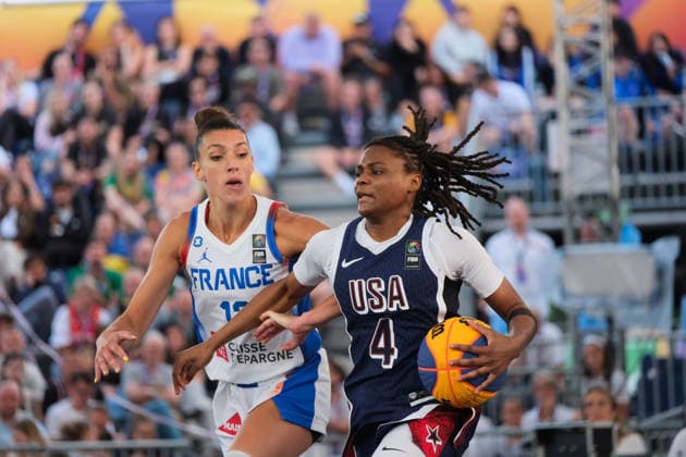 June 6, 2026, Warsaw, Masovian Voivodeship, Poland: USA s MILAYSIA FULWILEY (4) and France s LAETITIA GUAPO (12) in action during a FIBA 3x3 Basketball World Cup women s quarter-final game between France and USA in Warsaw, Poland. Basketball 2026: FIBA 3x3 World Cup Women s Quarterfinal: United States 18:16 France  - ZUMAk204 20260606_zip_k204_088 Copyright: xRomanxKozielx
