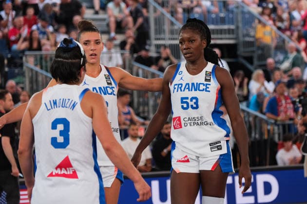 June 6, 2026, Warsaw, Masovian Voivodeship, Poland: France s HORTENSE LIMOUZIN (3), LAETITIA GUAPO (12), and MARIE MANE (53) contemplate defeat at the end of a FIBA 3x3 Basketball World Cup women s quarter-final game between France and USA in Warsaw, Poland. France lost to the United States and was eliminated from the tournament. Warsaw Poland - ZUMAk204 20260606_zip_k204_105 Copyright: xRomanxKozielx