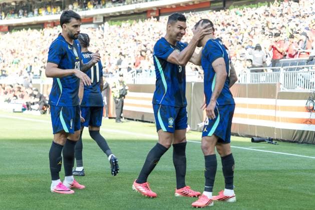 Friendly match between Brazil and Egypt Bruno Guimaraes celebrates a goal in the match between Brazil and Egypt, an International Friendly, Länderspiel, Nationalmannschaft in preparation for the World Cup, at Huntington Bank Field in Cleveland, United States, this Saturday, June 6th. CLEVELAND OH UNITED STATES Copyright: xWilliamxVolcov BrazilxPhotoxPresx