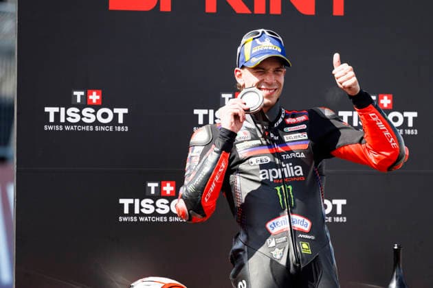 MotoGP of Hungary - Sprint & Qualifying Number 72 Aprilia Racing rider Marco Bezzecchi celebrates coming third in the sprint race at the 2026 Grand Prix of Hungary on Month Day, Year . Balatonfokajar Balatonfokajar Hungary  Copyright: xStephenxBlackberryx originalFilename:blackberry-2026gran260606_npWas.jpg