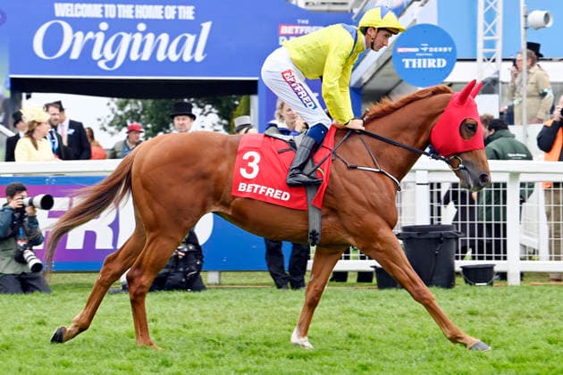 06.06.2026, Epsom, Surrey, GBR - Chicago Critic with Ben Coen. Epsom Downs racecourse. (Pferd, Jockey, Chicago Critic, Coen, Aufgalopp) 260606C702EPSOM.JPG