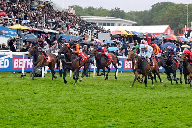 06.06.2026, Epsom, Surrey, GBR - Arklow Lad (second from left) with Harry Davies up wins. Epsom Downs racecourse. (Pferd, Jockey, Arklow Lad, Davies, Sieg, Ziel, Zielankunft) 260606C711EPSOM.JPG