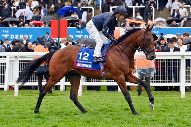 06.06.2026, Epsom, Surrey, GBR - Pierre Bonnard with Christophe Soumillon. Epsom Downs racecourse. (Pferd, Jockey, Pierre Bonnard, Soumillon, Aufgalopp) 260606C727EPSOM.JPG