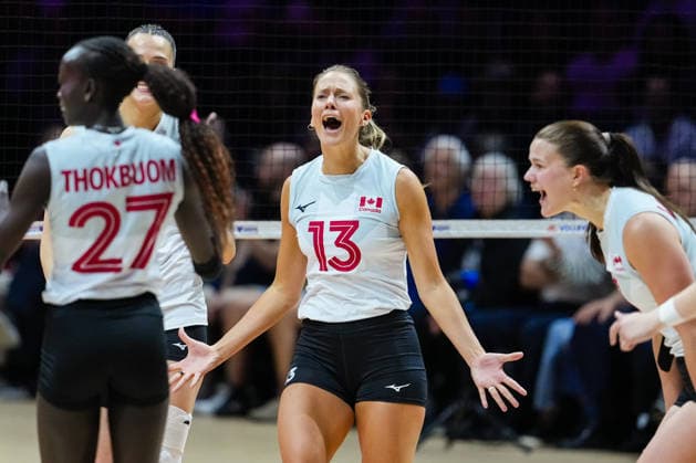 2026 Women s Volleyball Nations League - Quebec City - Day4 Brie Fransen 13 of Canada celebrates after scoring a point during the 2026 Women s Volleyball Nations League match between France and Canada at Videotron Centre in Quebec City, Canada, on June 6, 2026. Quebec City Quebec Canada  Copyright: xYuanxTianx originalFilename:tian-2026wome260606_npsrL.jpg